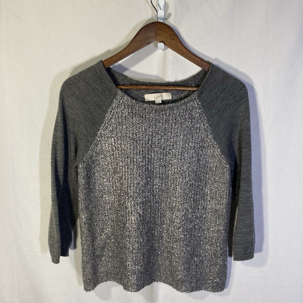 ANN TAYLOR LOFT gray scoop neck 3/4 raglan sleeves acrylic wool sweater S